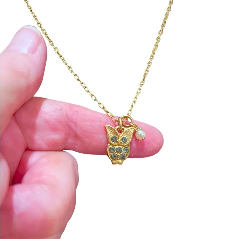 Rare Catherine Popesco Gold Owl with Crystals Necklace and Pearl Charm Dangle - Picture 5 of 6